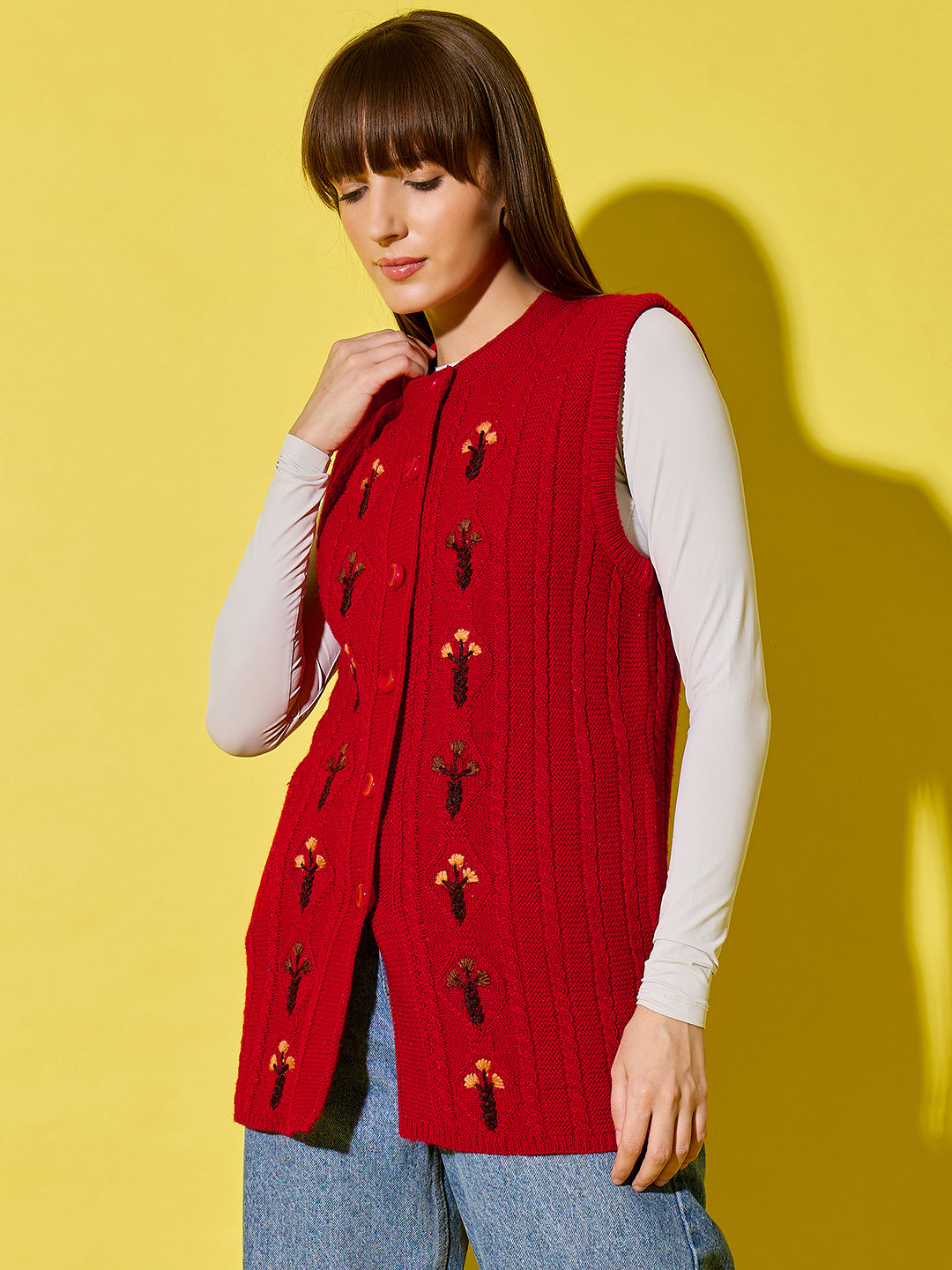 Embroidery Woolen Sleeveless Cardigan