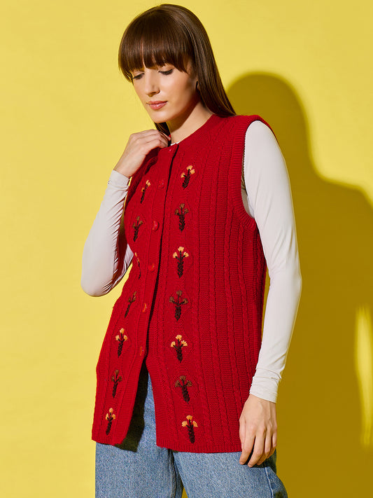 Embroidery Woolen Sleeveless Cardigan