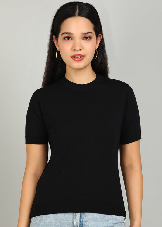 Women Solid Color Round Neck Half Sleeve Viscose T-Shirt Black