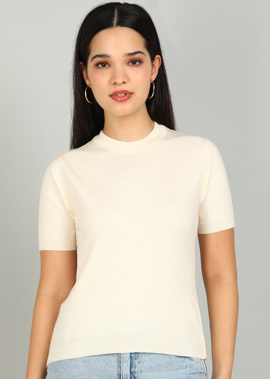 Women Solid Color Round Neck Half Sleeve Viscose T-Shirt Off White
