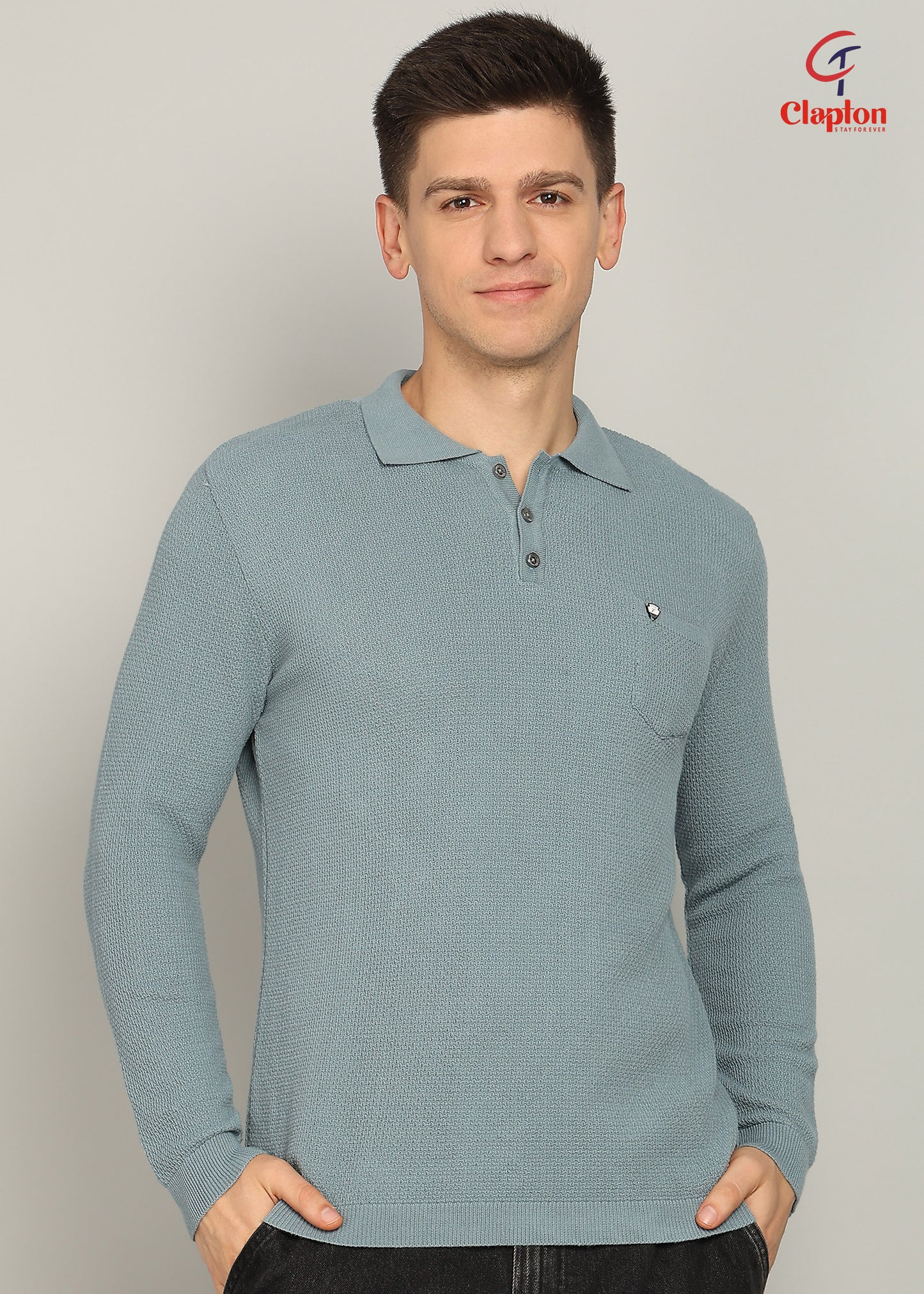 Clapton Men Knitted  Cotton Summer Wear Round Neck Full Sleeve T-Shirt SKY Blue