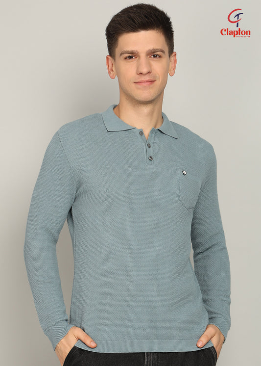 Clapton Men Knitted  Cotton Summer Wear Round Neck Full Sleeve T-Shirt SKY Blue