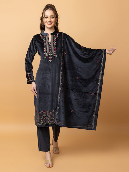 Velvet Embroidered Winter Wear Embroidered Straight Kurta Pant With Dupatta Set Navy