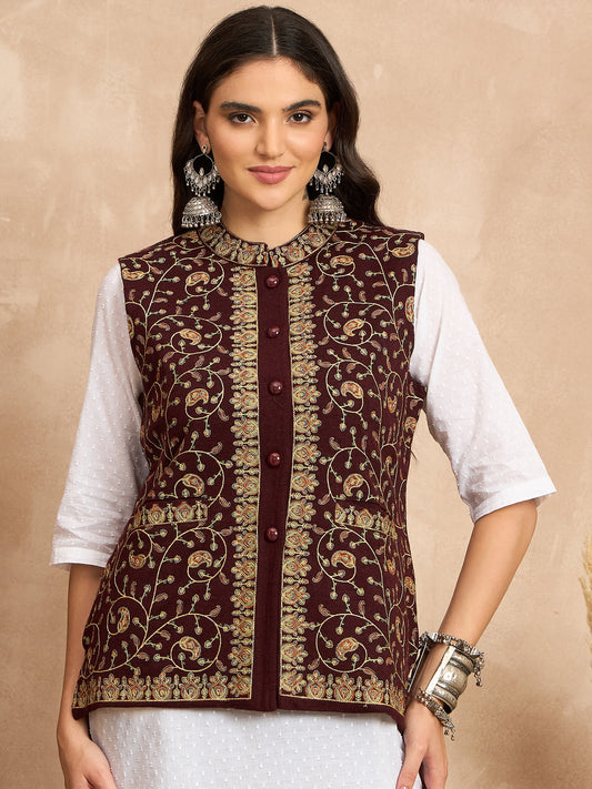 CLAPTON EMBROIDERY SLEEVELESS WINE BLAZER FOR WOMEN