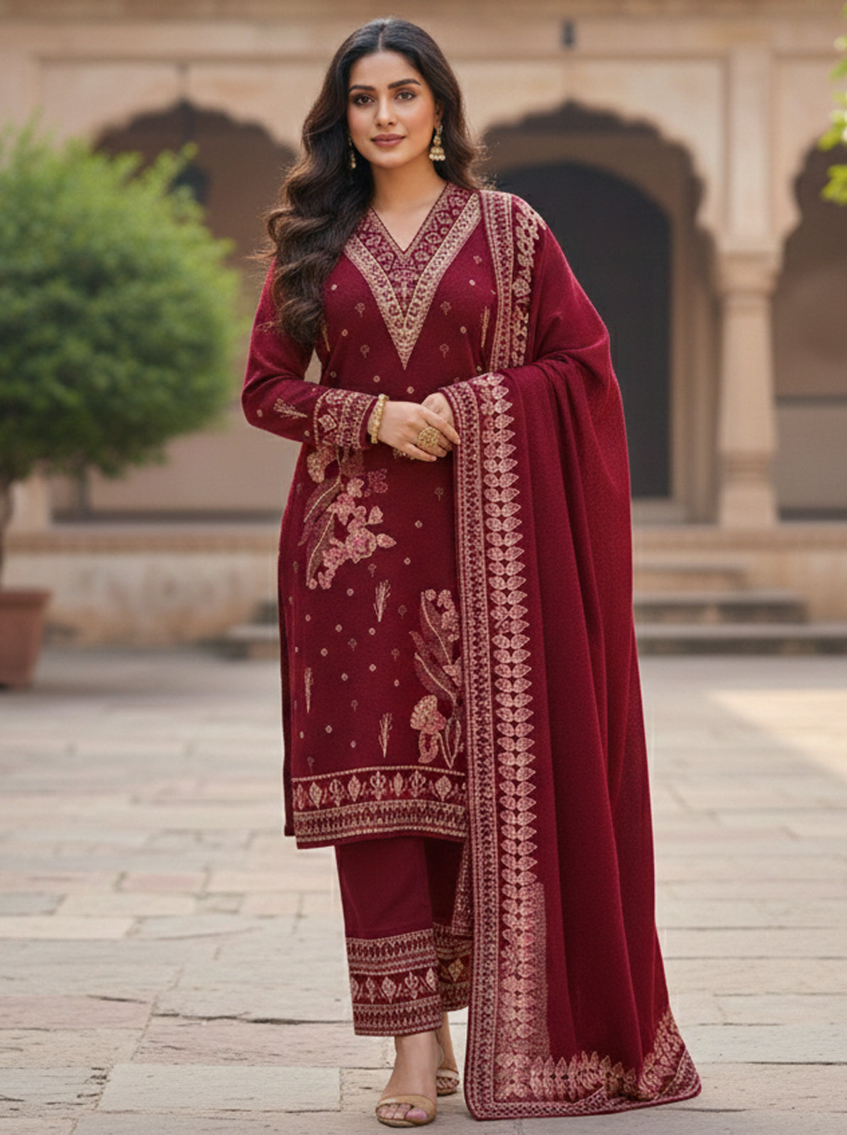 Embroidered wool blends for winter wear Straight-fit kurta with trousers and a dupatta (shawl) Black (Copy)