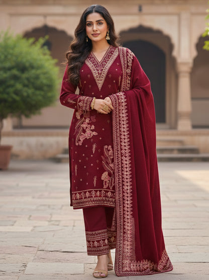 Embroidered wool blends for winter wear Straight-fit kurta with trousers and a dupatta (shawl) Black (Copy)