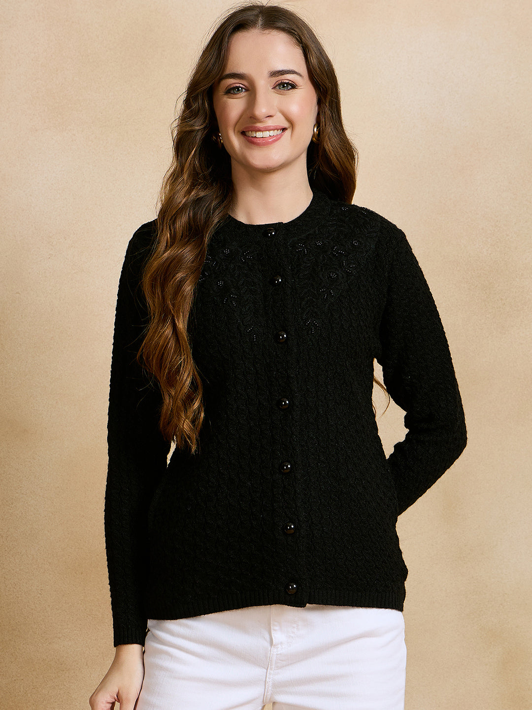 Clapton Floral Embroidered Knit  Design Pure Wool Cardigan Black