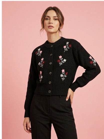 Women'S Black Knit Cardigan With Floral Embroidery, Button-Front, Round Neck, Full Sleeves Black