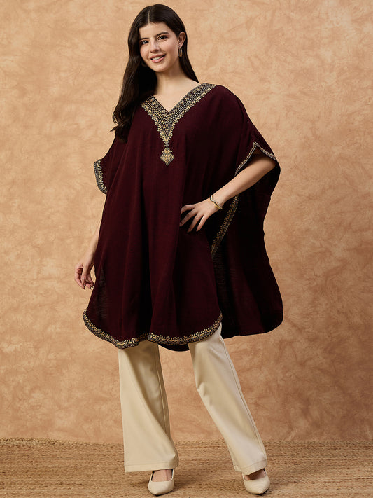Clapton Women’s Wool Kaftan Kurti –  Mahrroon, Golden Embroidery -6201