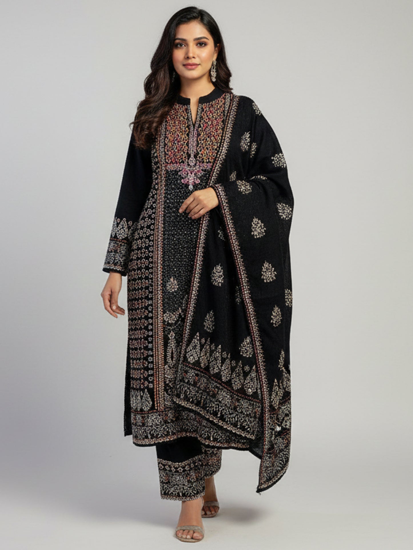 Embroidered wool blends for winter wear Straight-fit kurta with trousers and a dupatta (shawl) Black