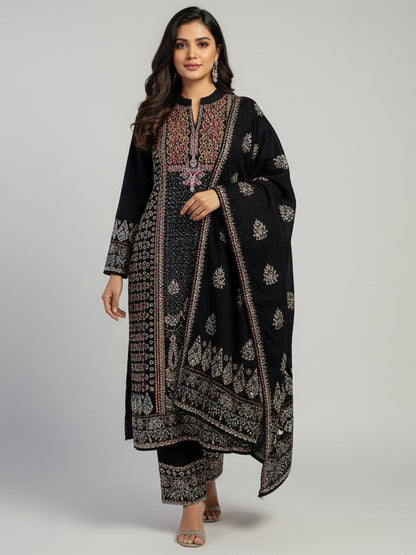 Embroidered wool blends for winter wear Straight-fit kurta with trousers and a dupatta (shawl) Black