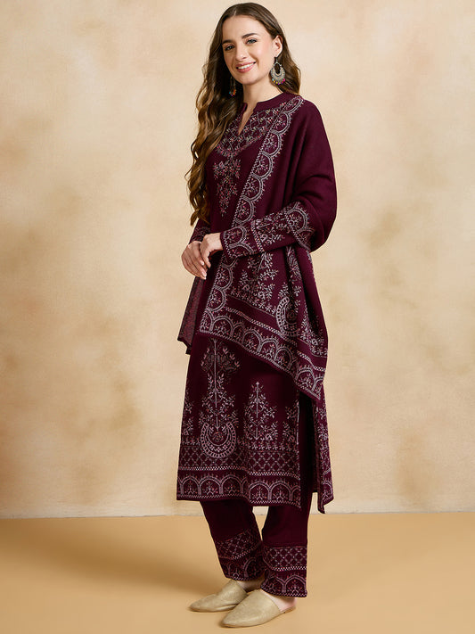 Clapton Embroidered Straight Kurta Pant With Dupatta Set Maroon
