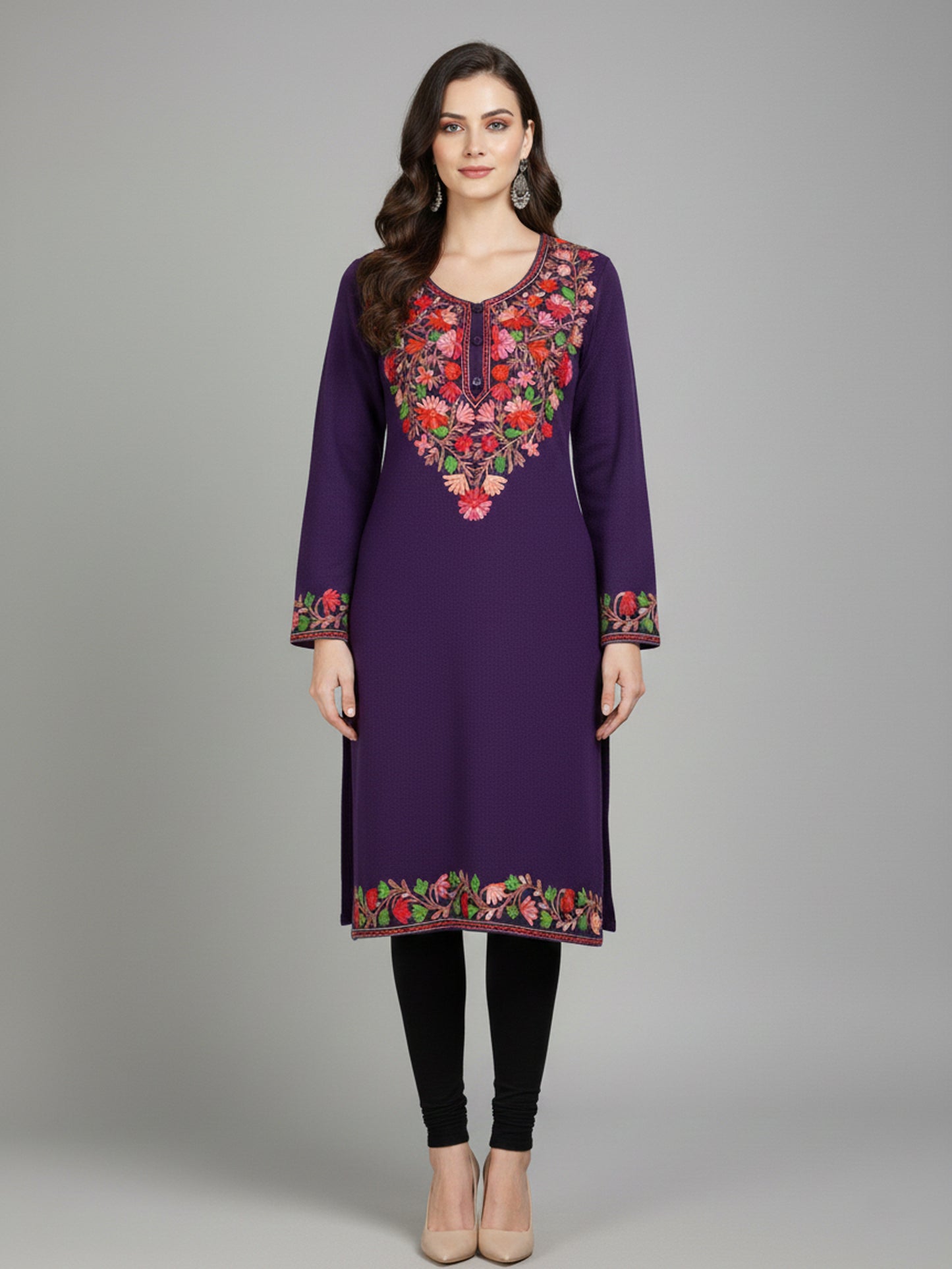 Clapton Purple Wolen Winter wear Embroidered Kashmiri Aari Work Kurta (PHERAN)