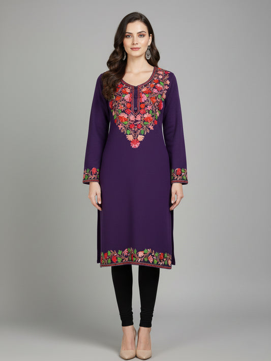 Clapton Purple Wolen Winter wear Embroidered Kashmiri Aari Work Kurta (PHERAN)