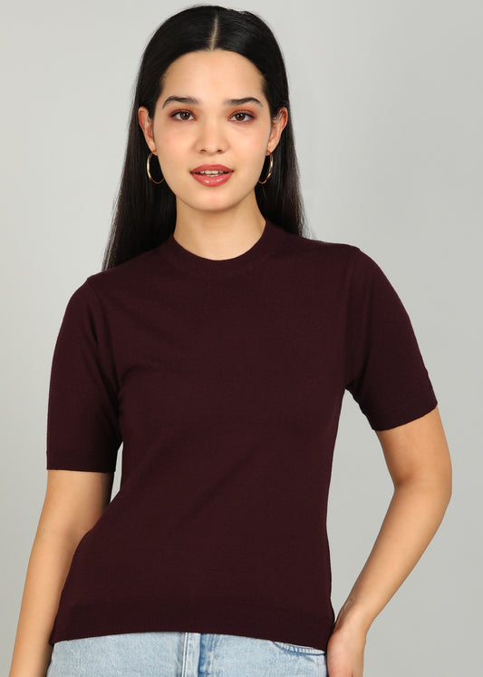 Women Solid Color Round Neck Half Sleeve Viscose T-Shirt Wine