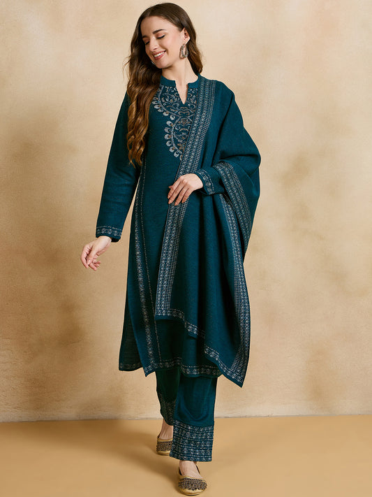 Clapton Embroidered Straight Kurta Pant With Dupatta Set Green
