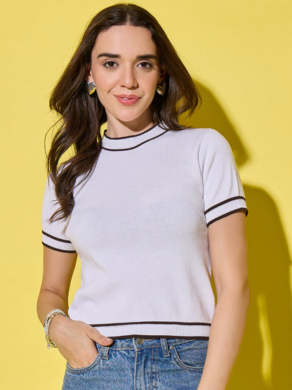 Women Striped Round Neck Pure Cotton T-Shirt White-Brown