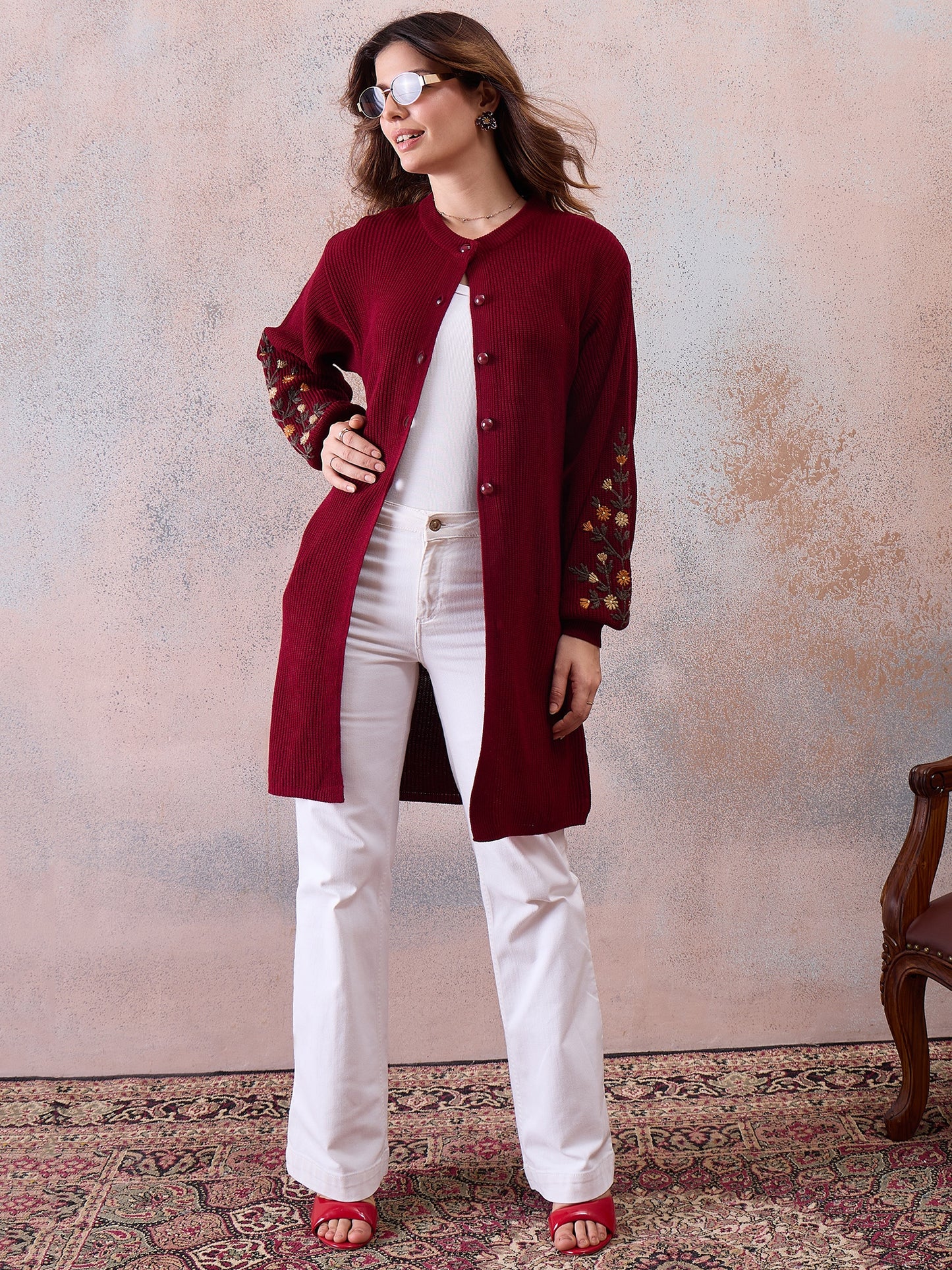 Women’s Longline Ribbed Knit Cardigan with Embroidered Sleeves – MAHROON