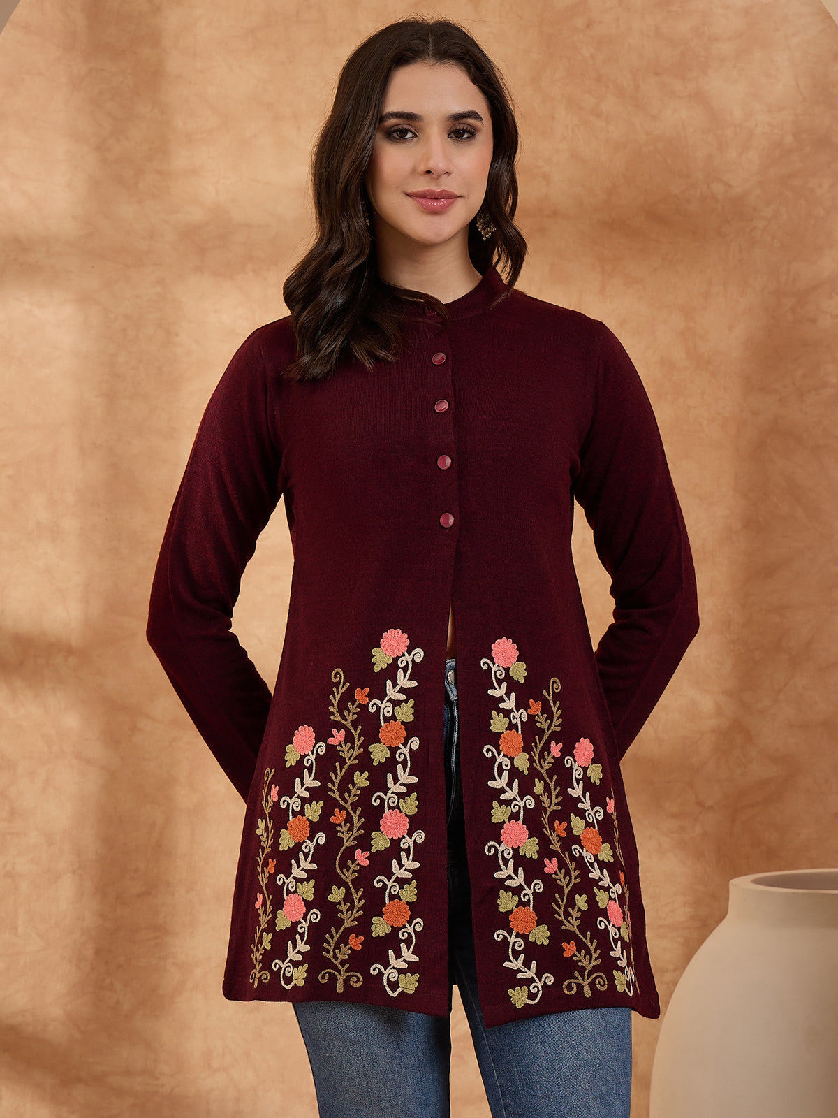 Women's Maroon Floral Embroidered Long Cardigan, Button-Front, Round Neck, Full Sleeves
