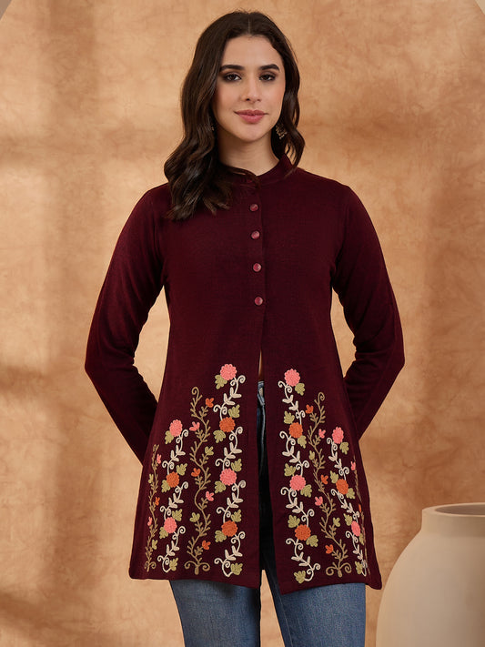 Women's Maroon Floral Embroidered Long Cardigan, Button-Front, Round Neck, Full Sleeves
