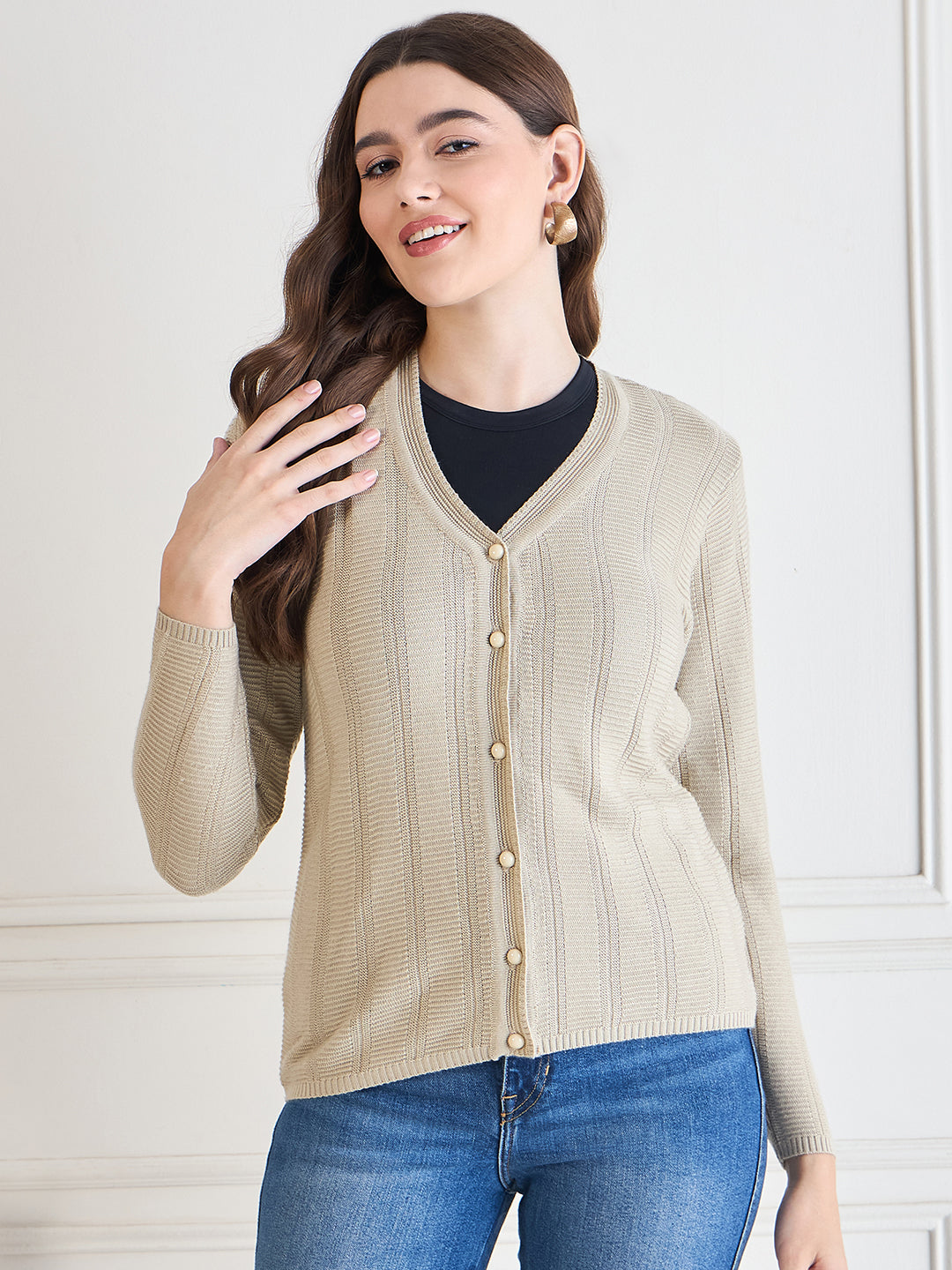 Wool Blend Round Neck cardigan beige