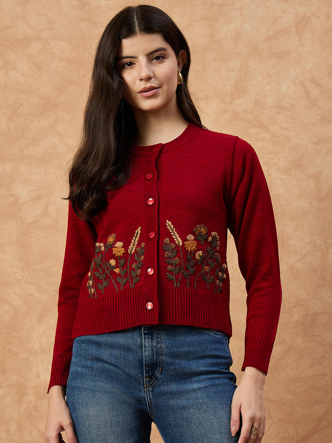 Clapton Women’s Red Knitted Floral Embroidered Cardigan 6110