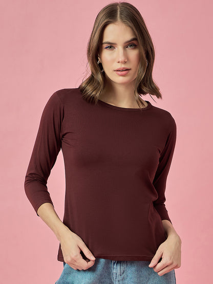 Clapton Crew Neck Tees Candy Cotton Lycra For Women Soild Mehroon Summer wear