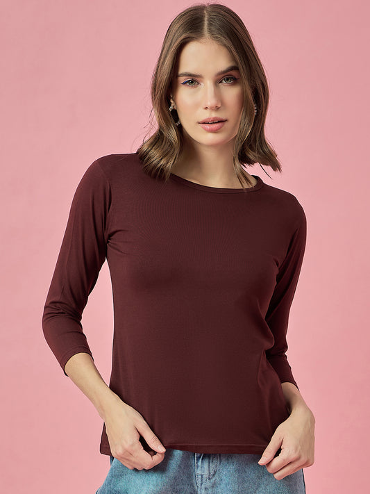 Clapton Crew Neck Tees Candy Cotton Lycra For Women Soild Mehroon Summer wear