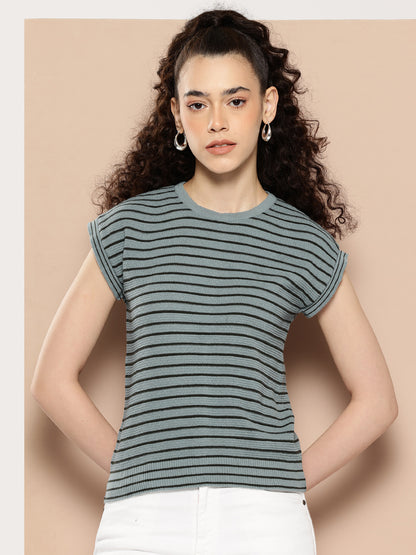 Women Knitted T-Shirt ,Summer Wear Color Striped Round neck , Firozi