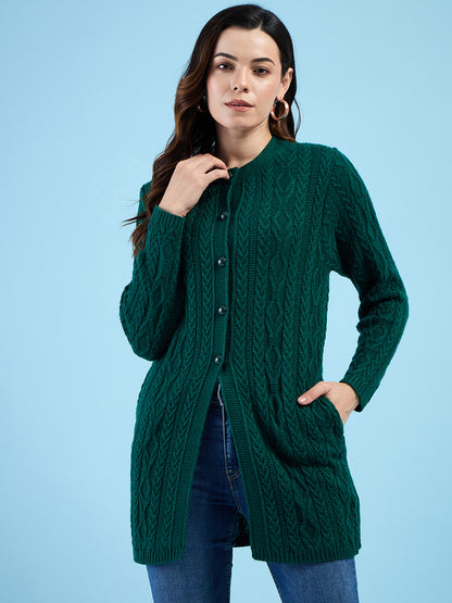 Clapton Cable Knit  Design Woolen  Longline Cardigan Sweater for women and Girls Green