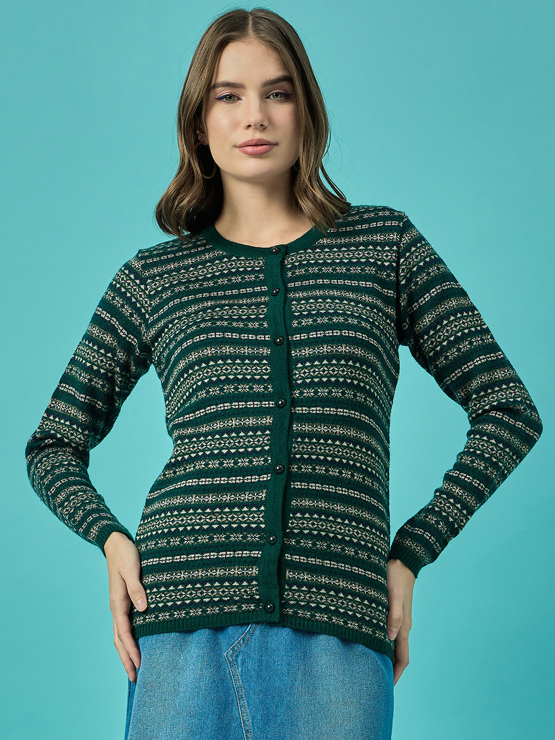 Women  Green Self Striped Round Neck Cardigan