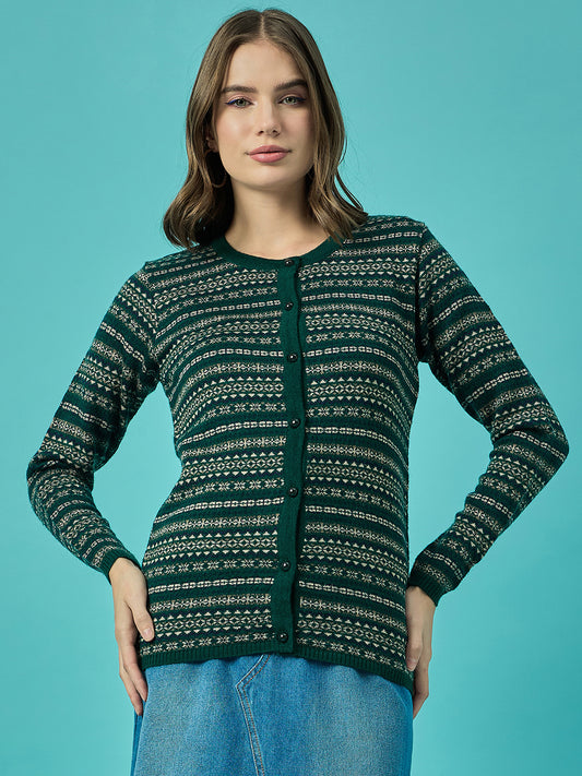 Women  Green Self Striped Round Neck Cardigan