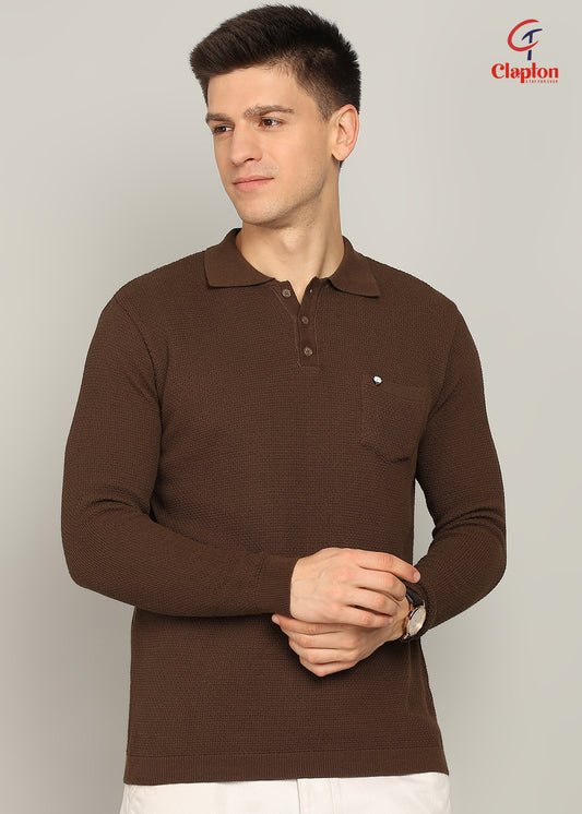 Clapton Men Knitted  Cotton Summer Wear Round Neck Half Sleeve T-Shirt Coffee Brown
