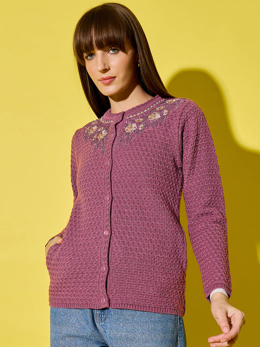 Embroidery Woolen Sleeveless Cardigan