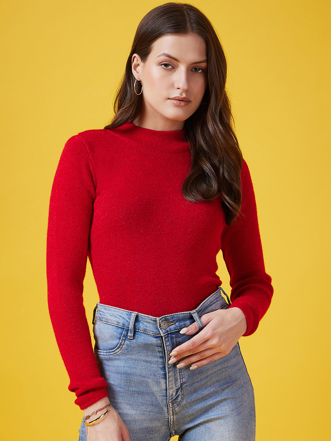 Wool Blend Crew Neck Full Sleeve Red Top