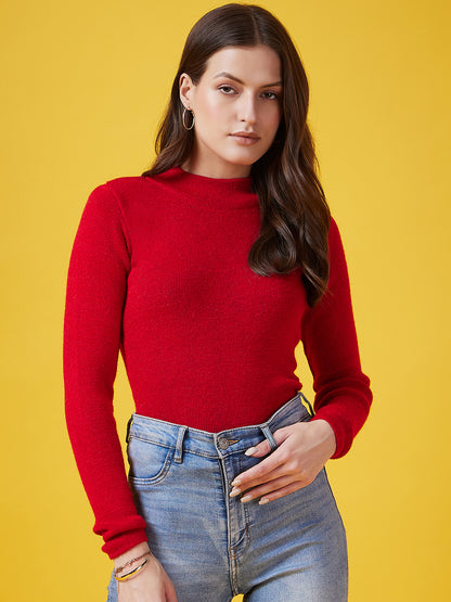 Wool Blend Crew Neck Full Sleeve Red Top