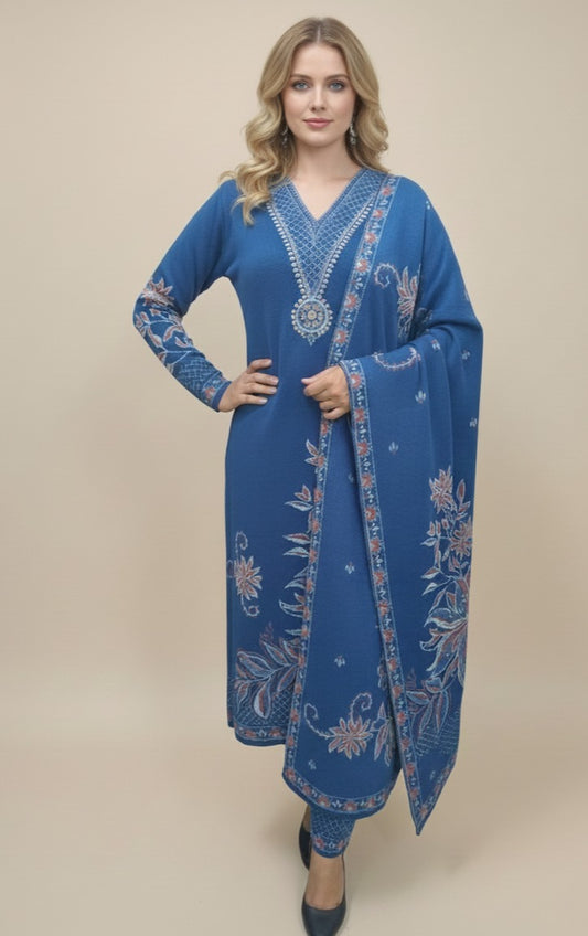 Clapton Embroidered Straight Kurta Pant With Dupatta Set Sky