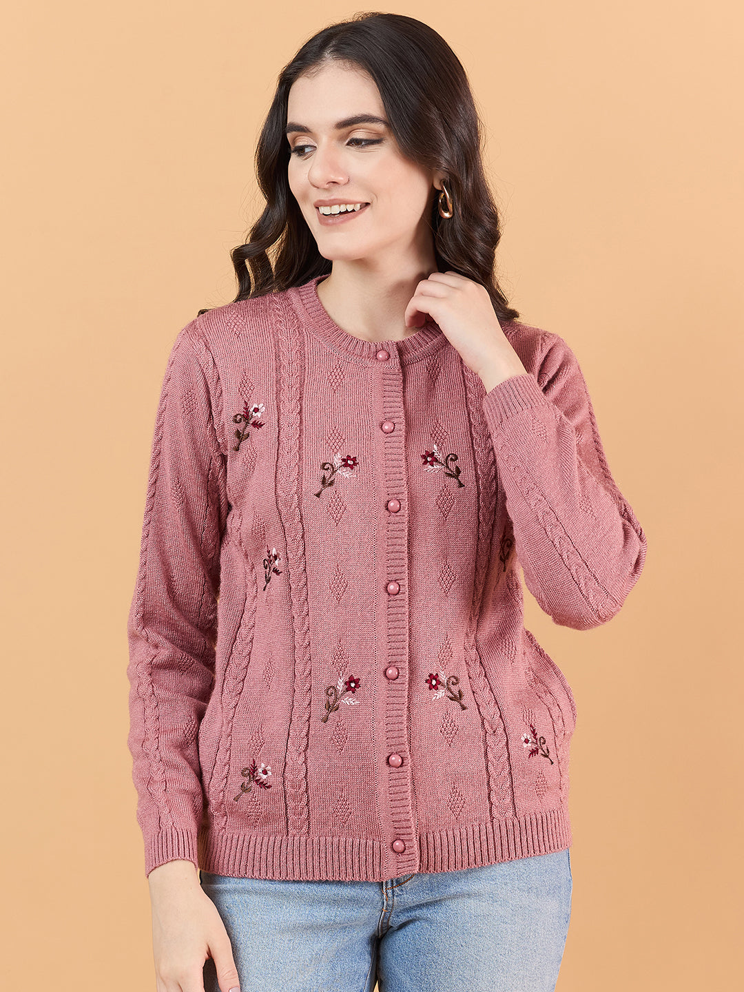 Clapton Floral Embroidered Full  Sleeve Cardigan Sweaters for Women Girls Pink