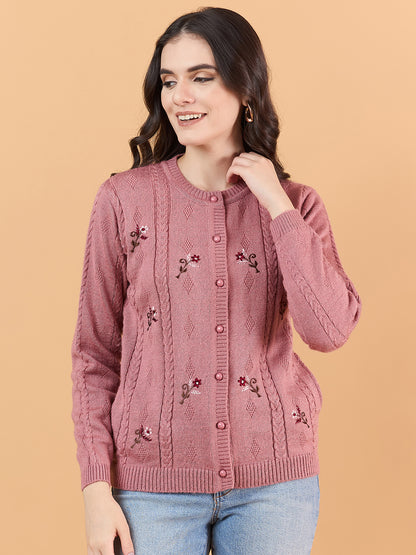 Clapton Floral Embroidered Full  Sleeve Cardigan Sweaters for Women Girls Pink