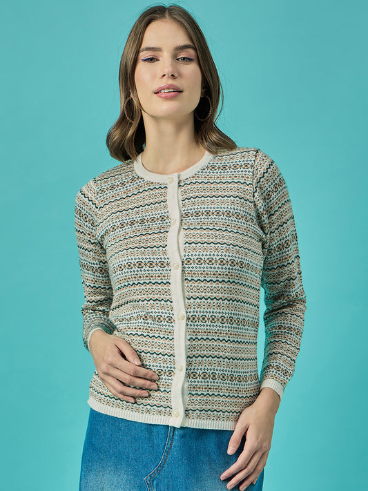 Women White Self Striped Round Neck Cardigan