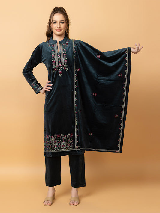 Velvet Embroidered Winter Wear Embroidered Straight Kurta Pant With Dupatta Set Peacock