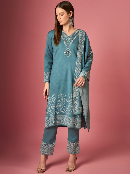 Clapton Embroidered Straight Kurta Pant With Dupatta Set Sky