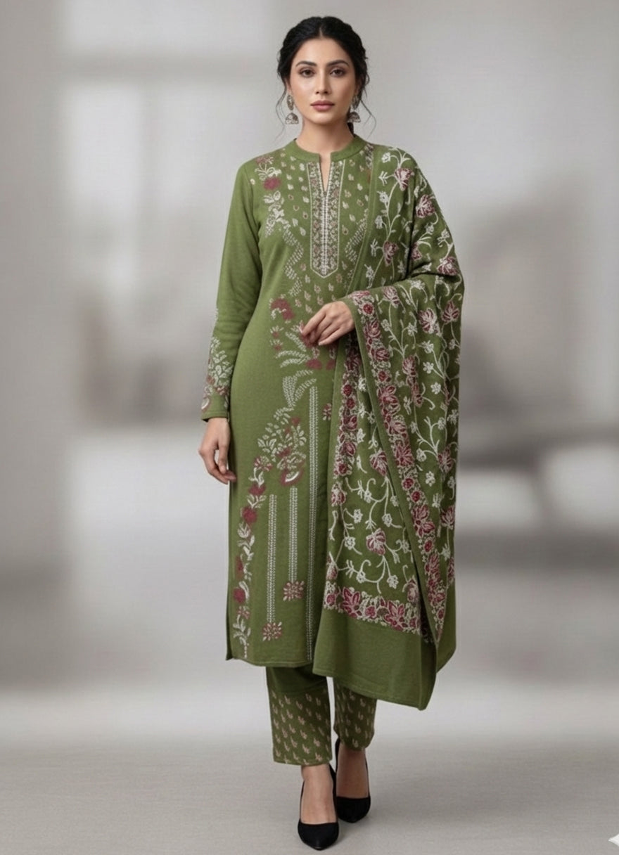 Clapton Embroidered  wool blends for winter wear Straight-fit kurta with trousers and a dupatta (shawl) Green
