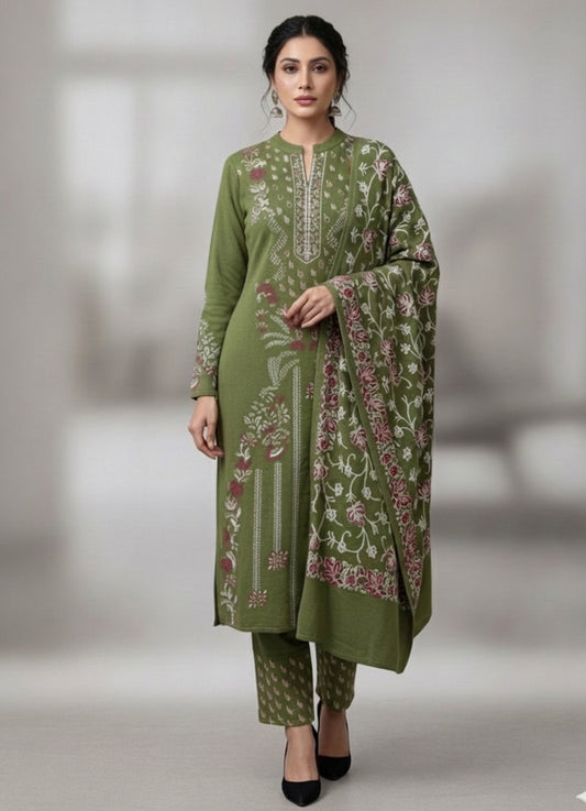 Clapton Embroidered  wool blends for winter wear Straight-fit kurta with trousers and a dupatta (shawl) Green