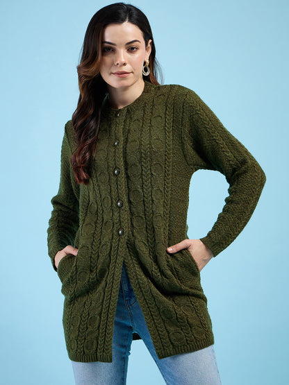 Clapton Cable Knit  Design Woolen  Longline Cardigan Sweater for women and Girls Green