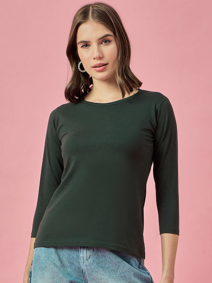 Clapton Crew Neck Tees Candy Cotton Lycra For Women Soild Green Summer wear