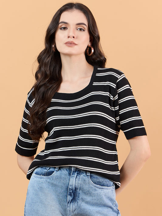 clapton Women Cotton knitted Striped Design T-shirt  Black