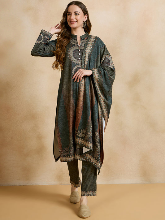 Clapton Printed Work Straight Kurta Pant With Dupatta Set Green