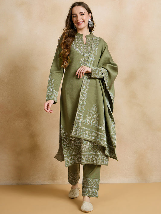Clapton Embroidered Straight Kurta Pant With Dupatta Set Green