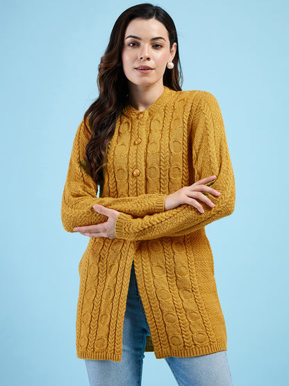Clapton Cable Knit  Design Woolen  Longline Cardigan Sweater for women and Girls Gold